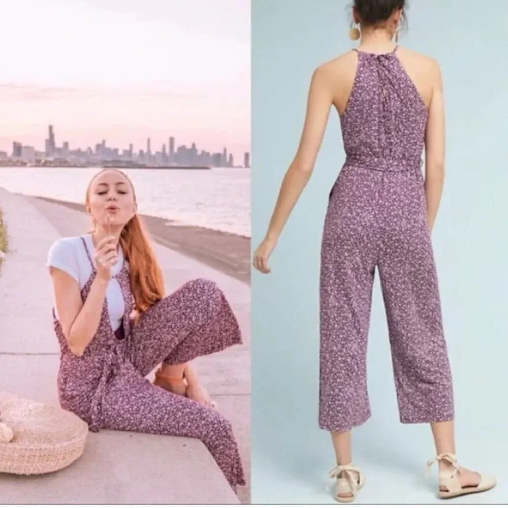 Maeve Anthropologie Claremont Halter Floral Women's Jumpsuit Wide Leg Medium